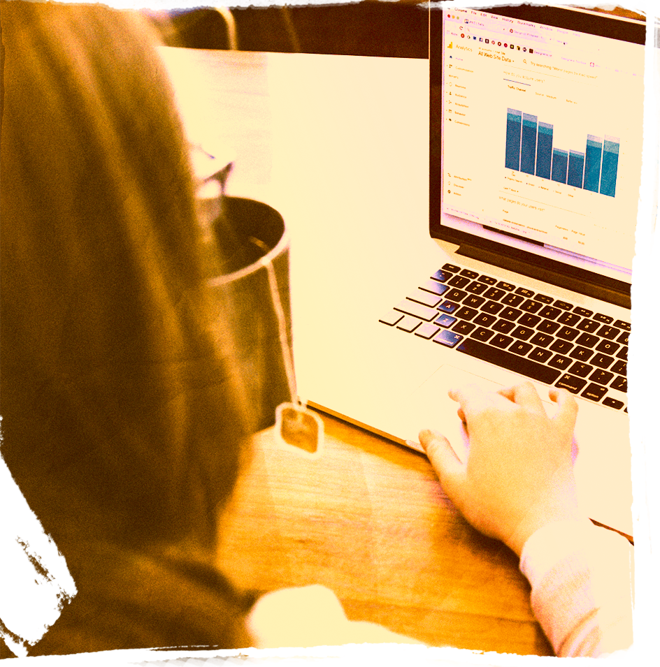 Woman using her computer to look up charts about her website performance